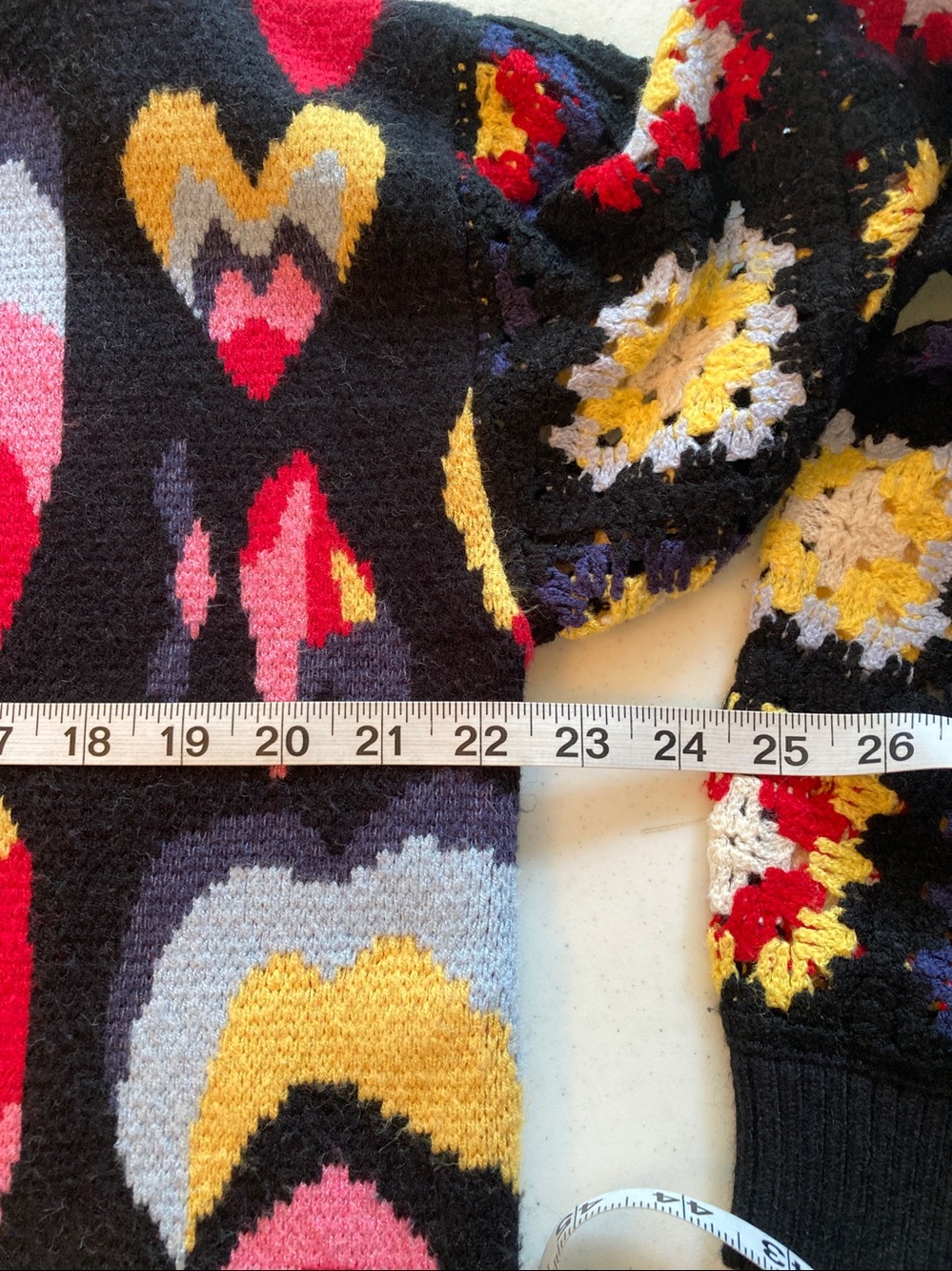 CHARLIE B Sweater with crochet sleeves: Red, Pink, Yellow & Blue Heart Motif - Picture 7 of 8